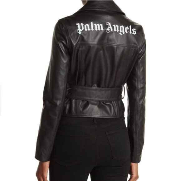Palm Angels Logo Print Leather Belted Biker Jacket - Picture 3 of 12